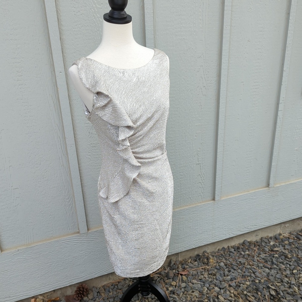 NOS Liliana Midi Dress Womens 8 Ruched Silver Ruffle Sexy Yacht Retro Sleeveless - Picture 3 of 10